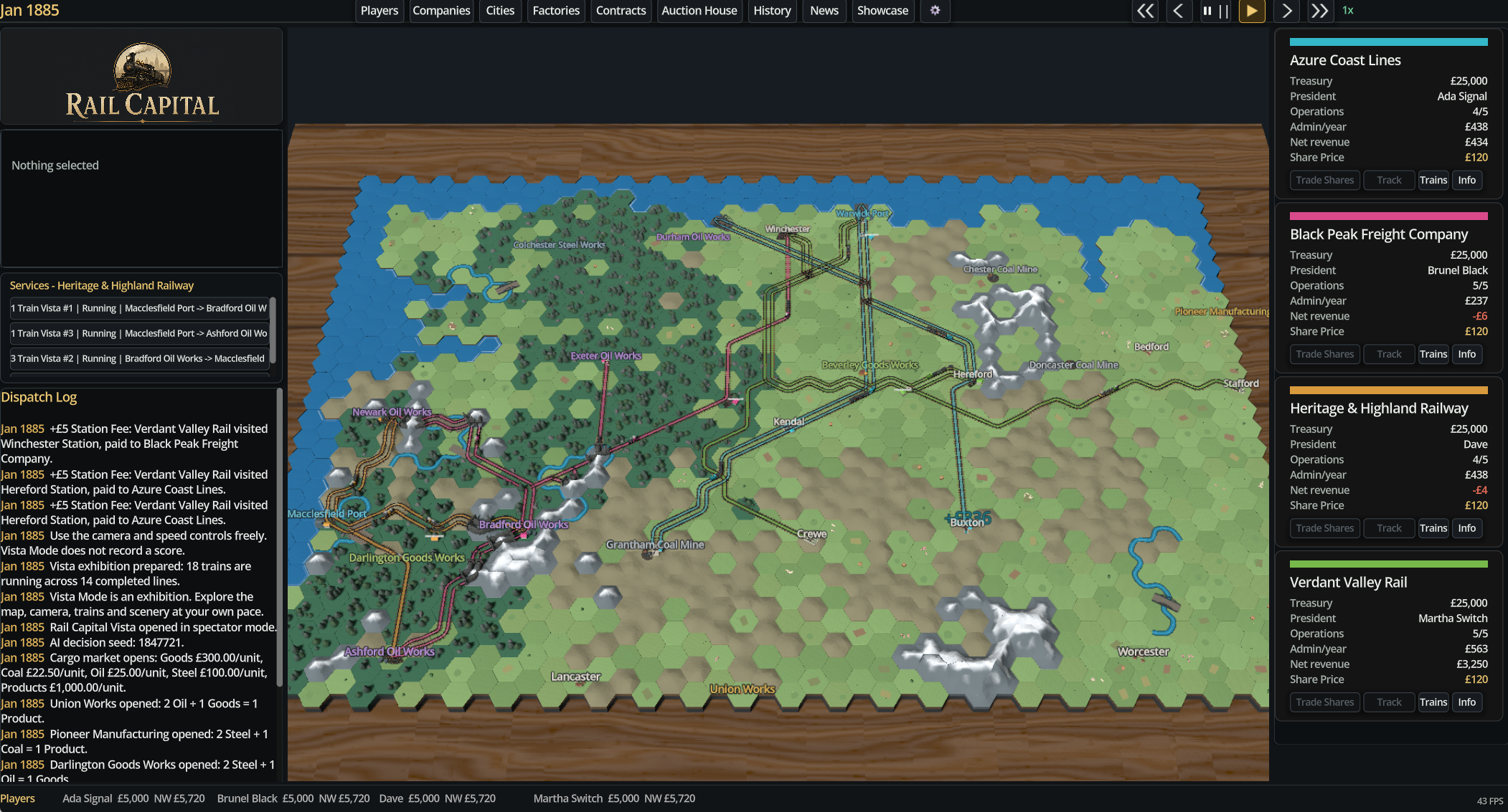 Follow every company, train and transaction as the map fills with colour.