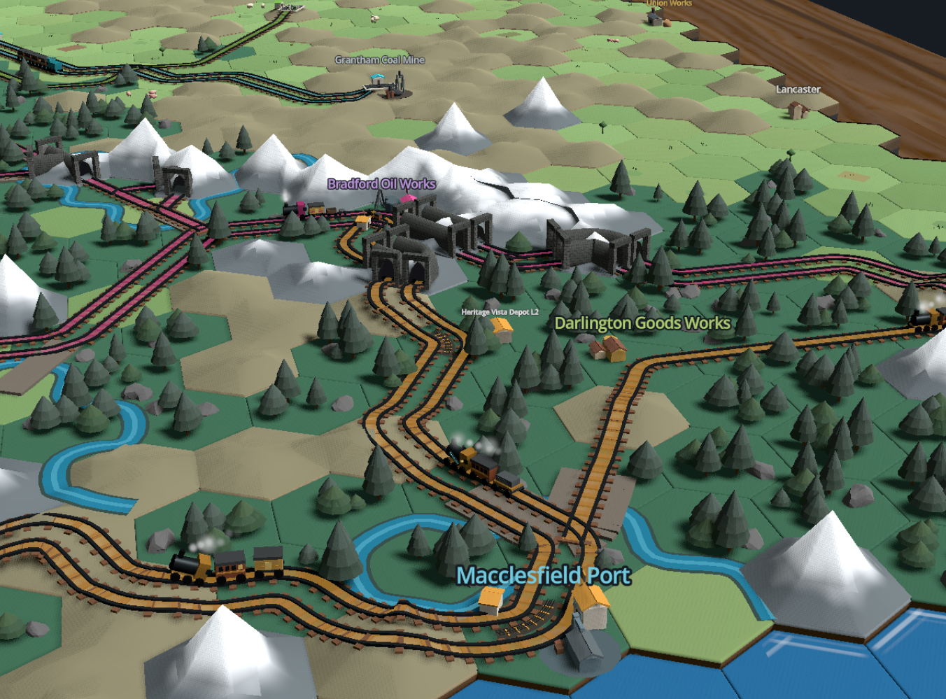 Tracks, junctions, depots and industries share one living 3D landscape.